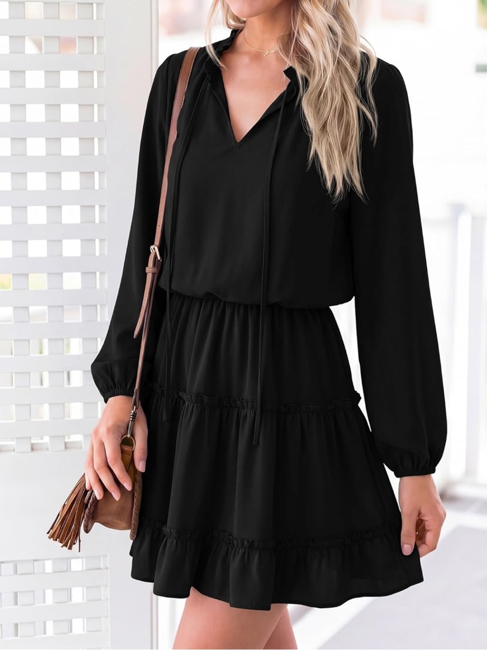Amazon Long Sleeve Casual Tie Tiered Black Mini Dress